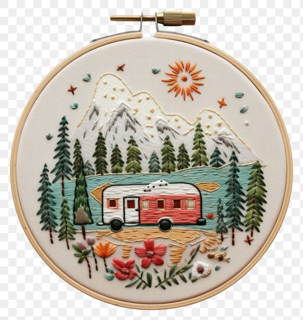 PNG A camping in embroidery style needlework pattern representation.