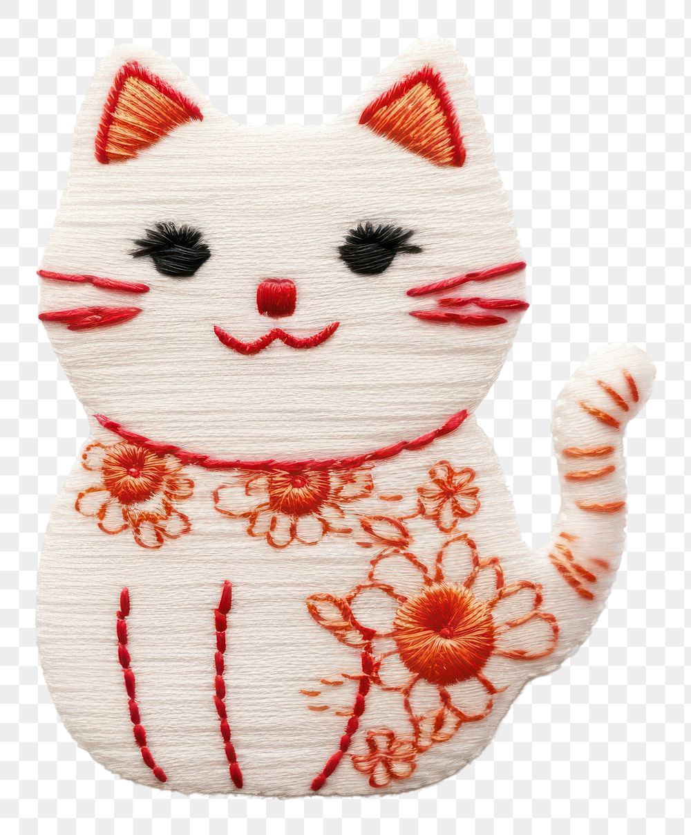 PNG A japan lucky cat in embroidery style textile pattern art.