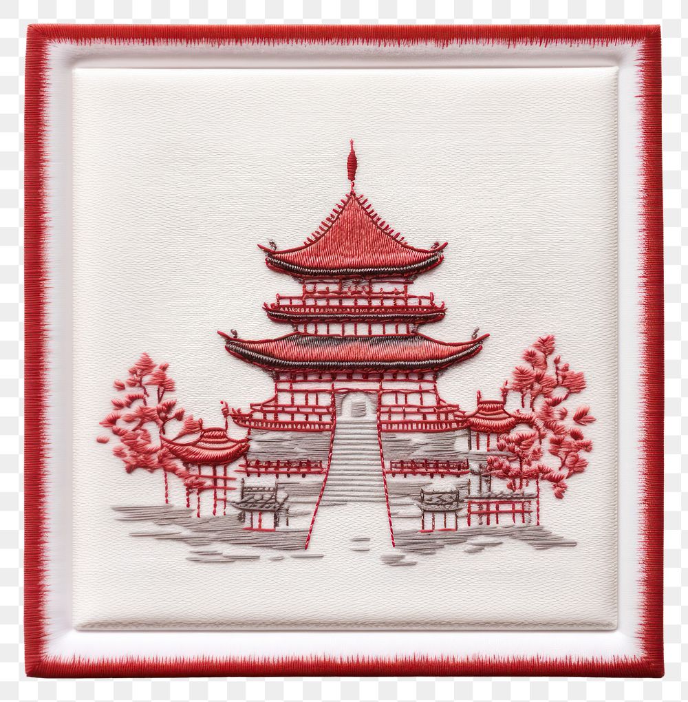 PNG A japanese temple in embroidery style architecture needlework pagoda.