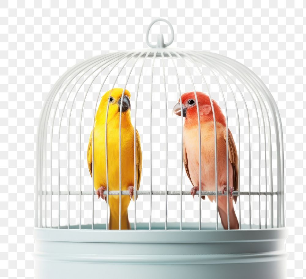 PNG  Birds sitting in a cage animal canary white background. AI generated Image by rawpixel.