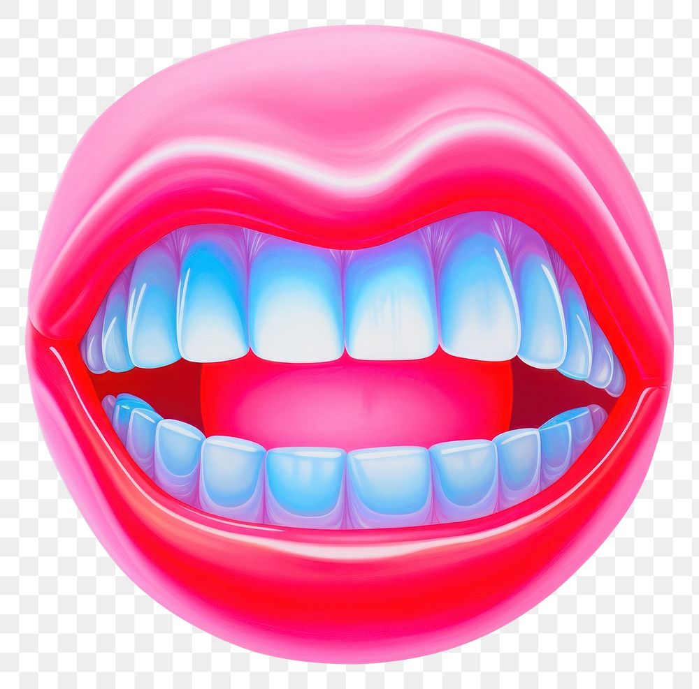 PNG  PNG  Surrealistic painting of bubblegum with teeth lipstick clothing smiling.