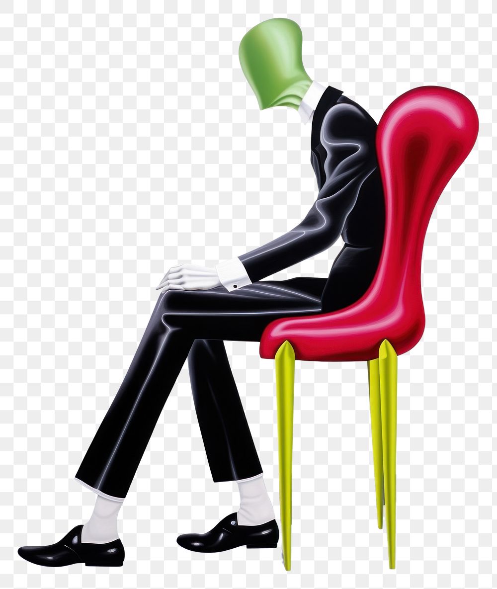 PNG  Surrealistic painting of Man sit chair furniture footwear sitting.