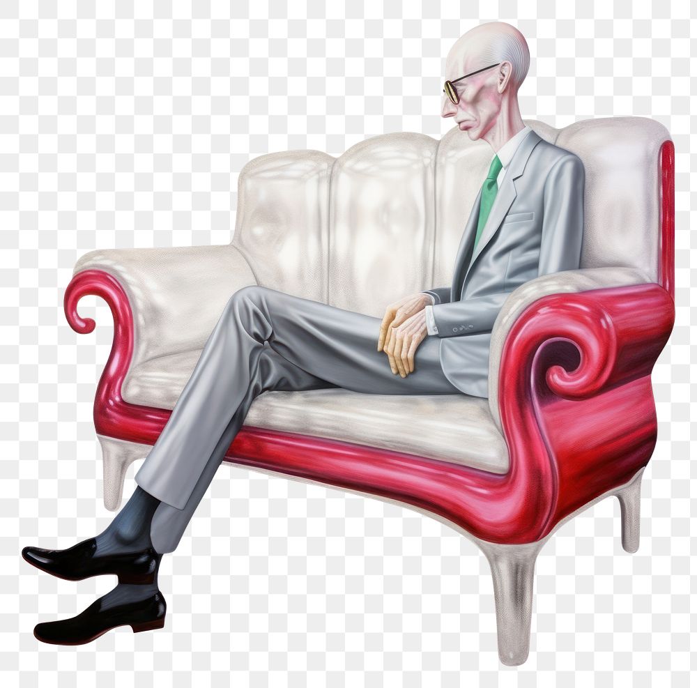 PNG  Surrealistic painting of Man sit sofa furniture armchair footwear.