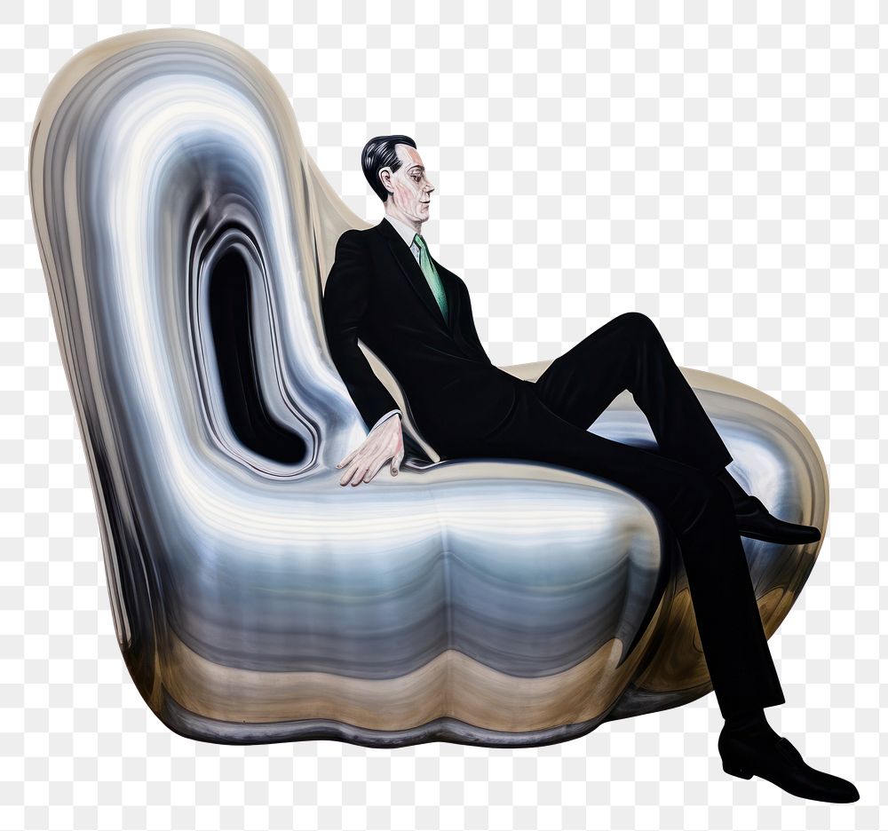 PNG  Surrealistic painting of Man sit sofa furniture sitting chair.