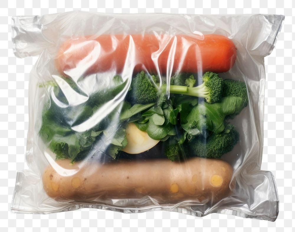 PNG  Plastic wrapping over a vegetable food white background bratwurst.