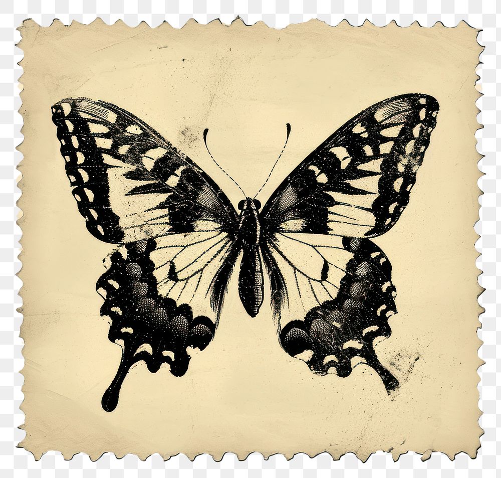PNG Vintage stamp with butterfly paper art accessories.