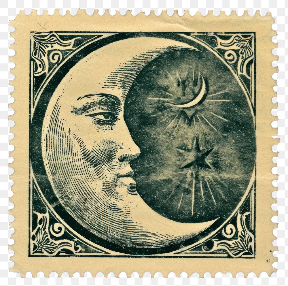 PNG Vintage stamp with moon representation exploration creativity.