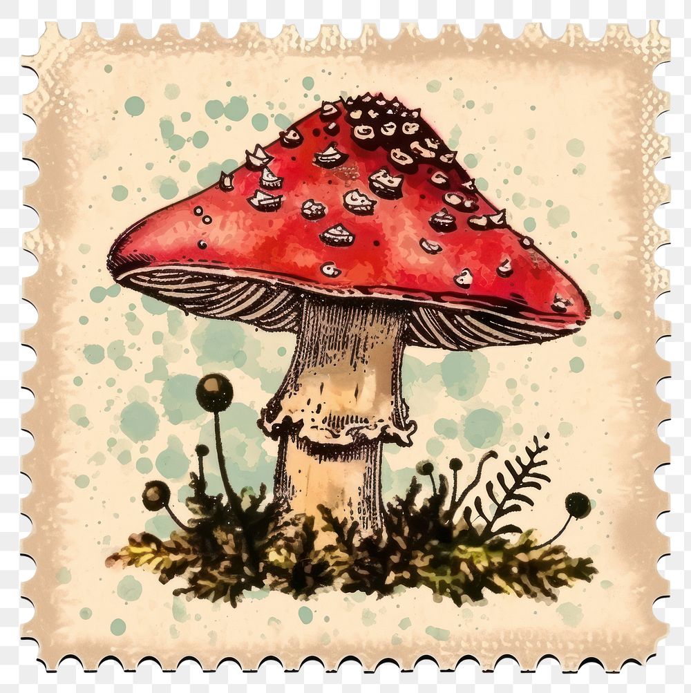 PNG Vintage stamp with mushroom fungus agaric plant.
