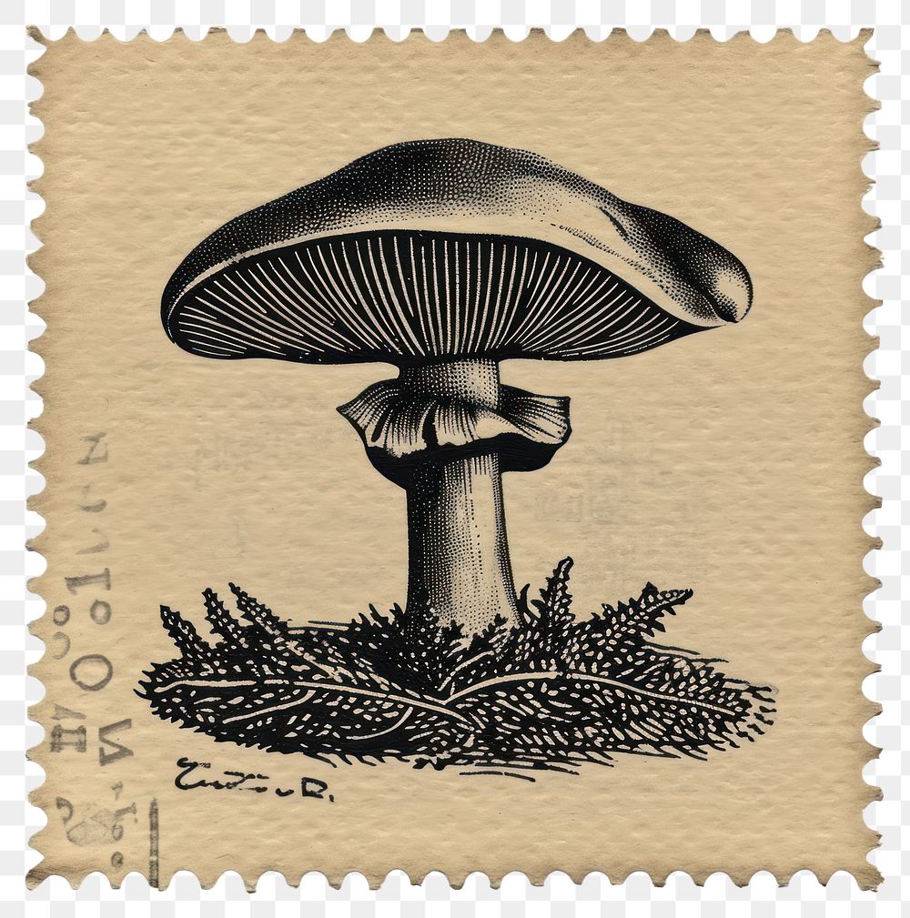 PNG Vintage stamp with mushroom fungus plant agaricaceae.