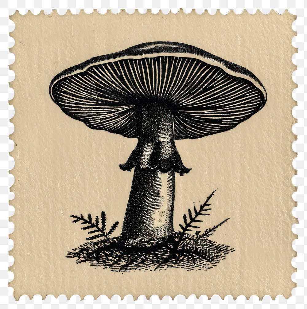 PNG Vintage stamp with mushroom fungus plant agaricaceae.