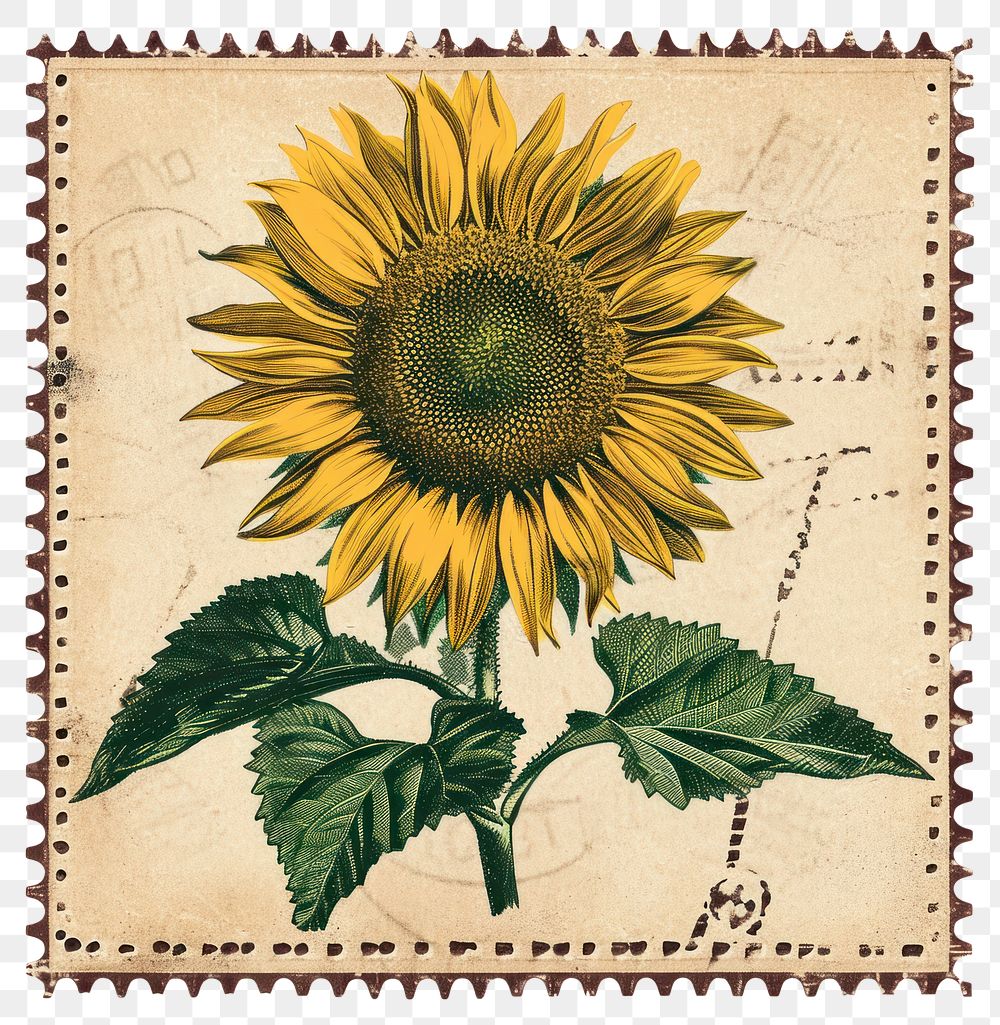 PNG Vintage stamp with sunflower plant paper inflorescence.
