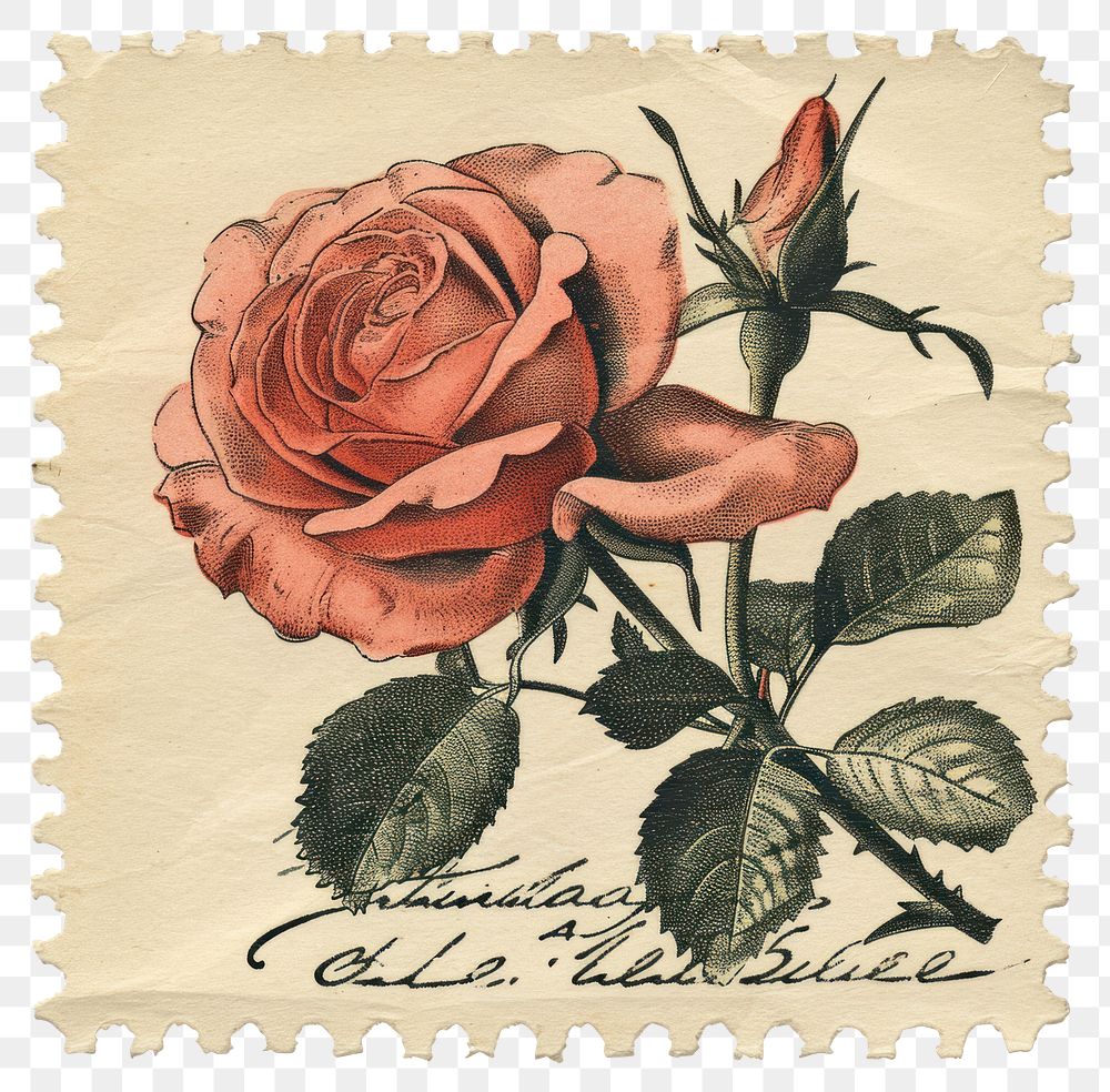 PNG Vintage stamp rose flower plant.