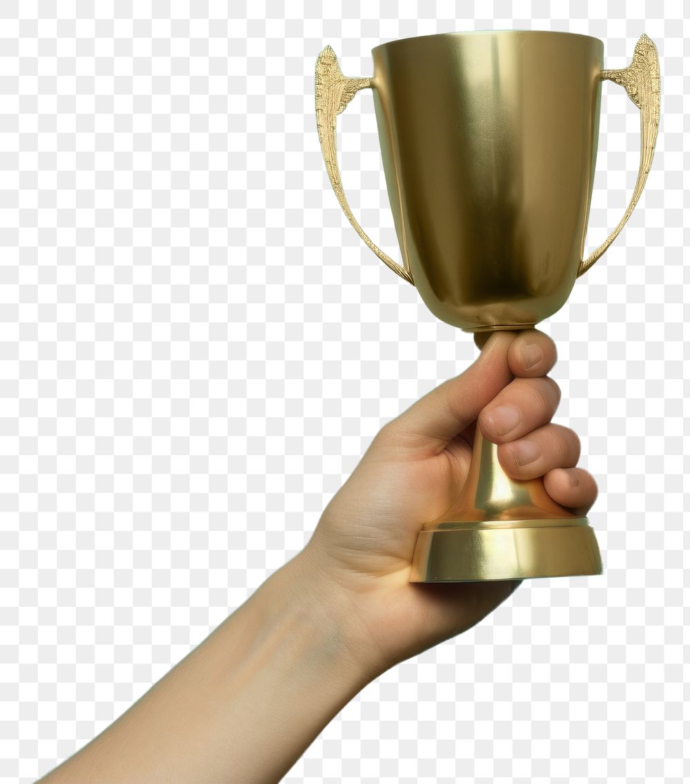 PNG  Gold trophy cup holding blue hand. AI generated Image by rawpixel.