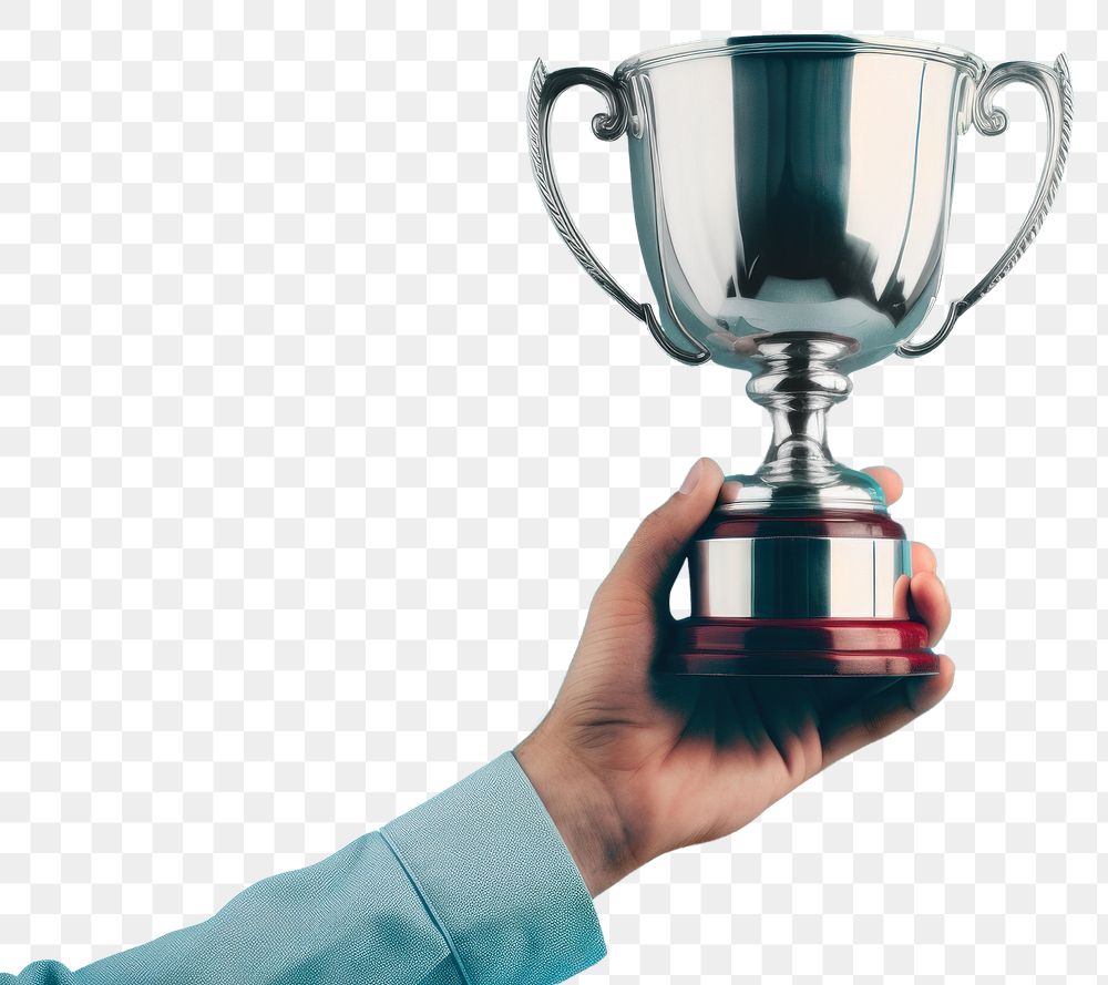 PNG  Trophy cup holding blue hand. AI generated Image by rawpixel.