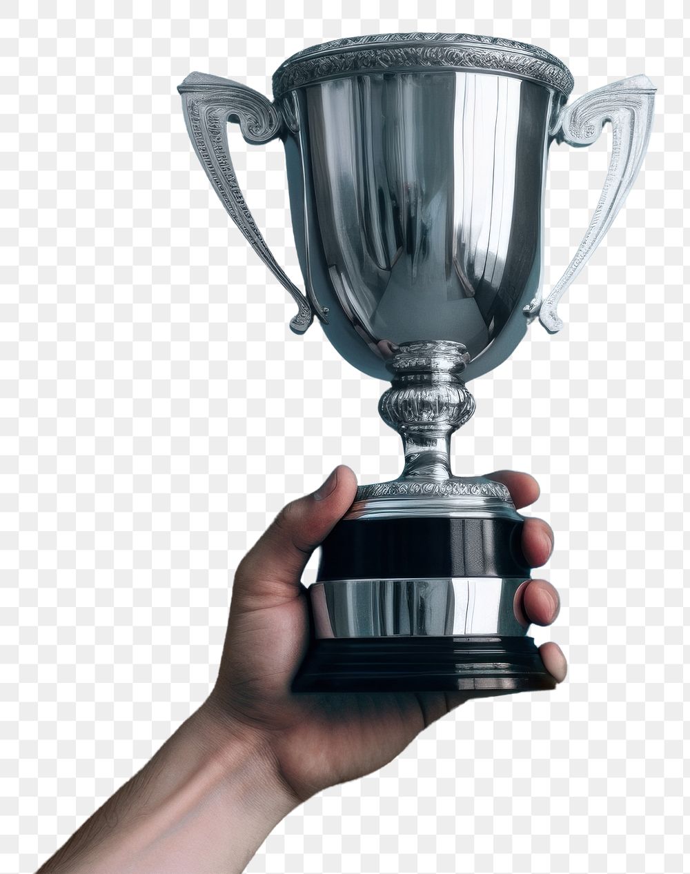 PNG  Hand holding a trophy cup blue blue background achievement. AI generated Image by rawpixel.