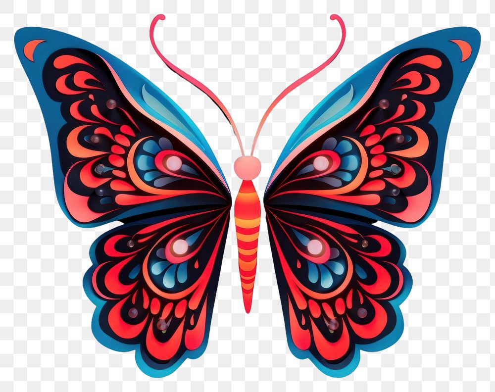 PNG Paper cutout of a neon butterfly pattern animal art.