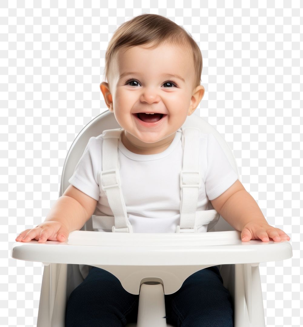 PNG  Baby sitting in a high chair with a happy face portrait white photo. AI generated Image by rawpixel.