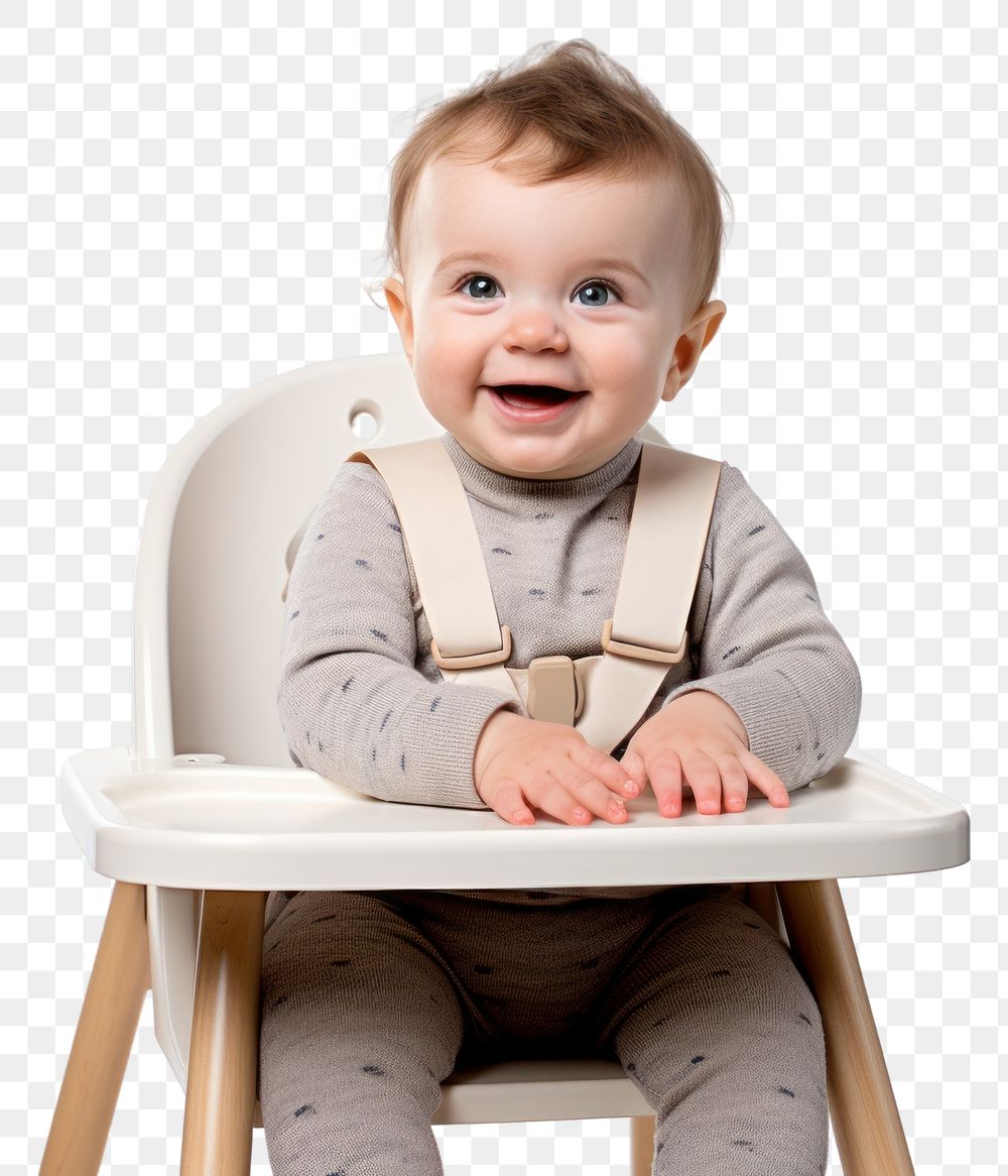 PNG  A baby sitting in a high chair with a happy face furniture portrait white background. AI generated Image by rawpixel.