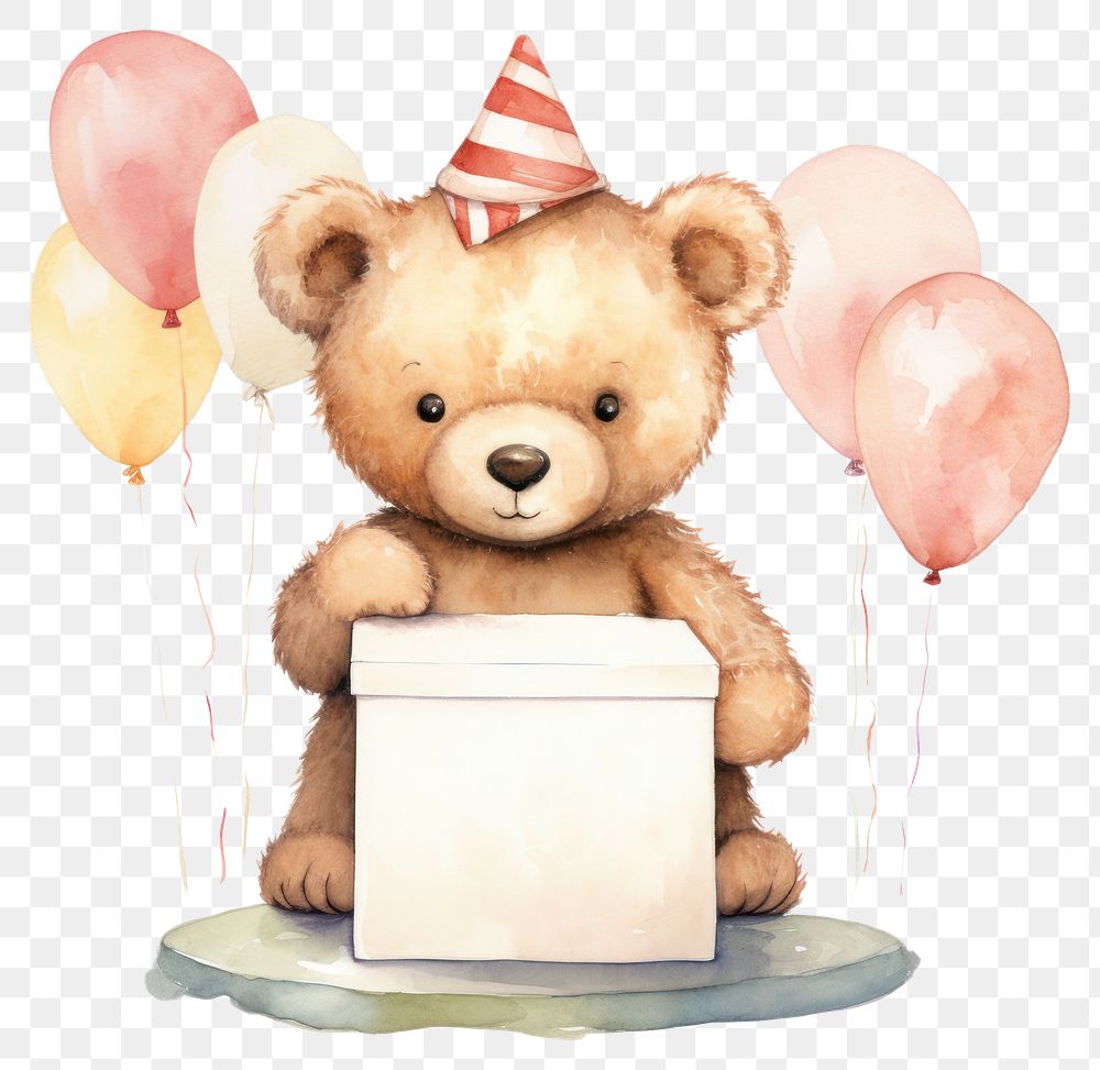 PNG Teddy bear holding a box balloon paper cute.