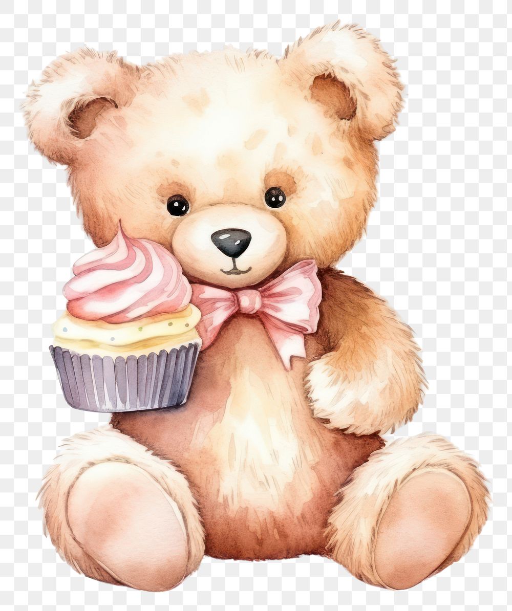 PNG Teddy bear with a cupcake food cute toy.