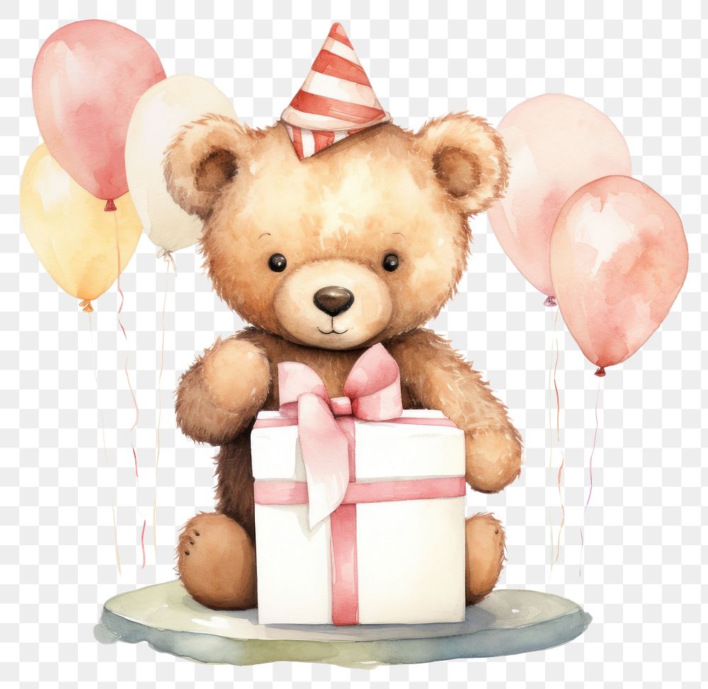 PNG Teddy bear holding a box balloon paper cute