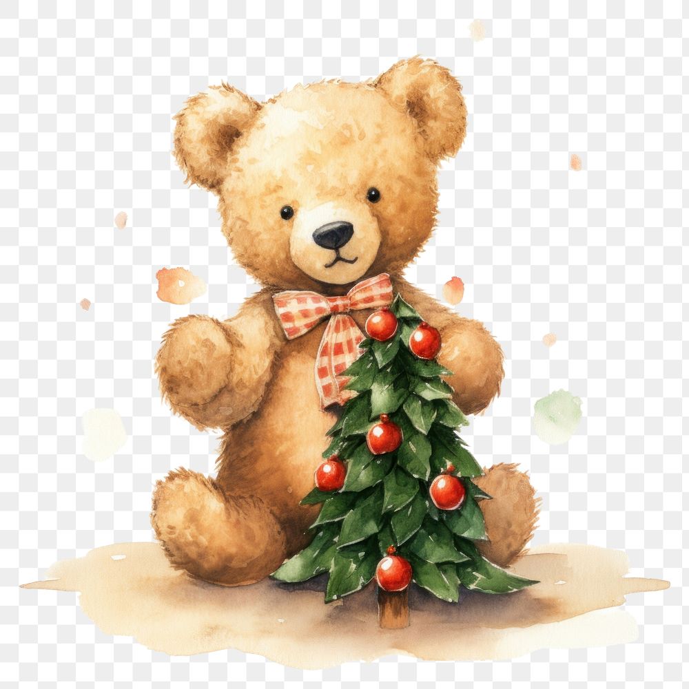 PNG Teddy bear holding a christmas tree cute toy representation.