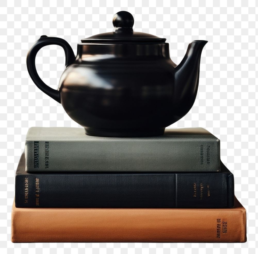 PNG A black teapot sitting on top of a stack of books publication refreshment tableware. AI generated Image by rawpixel.