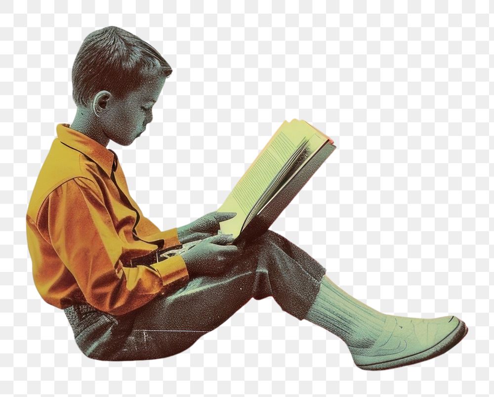 PNG Retro collage of a young boy sitting reading clothing apparel.