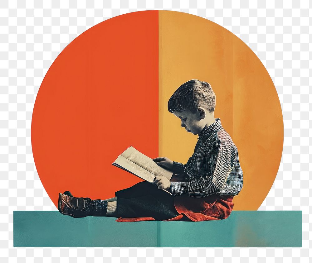 PNG Retro collage of a young boy reading sitting painting.