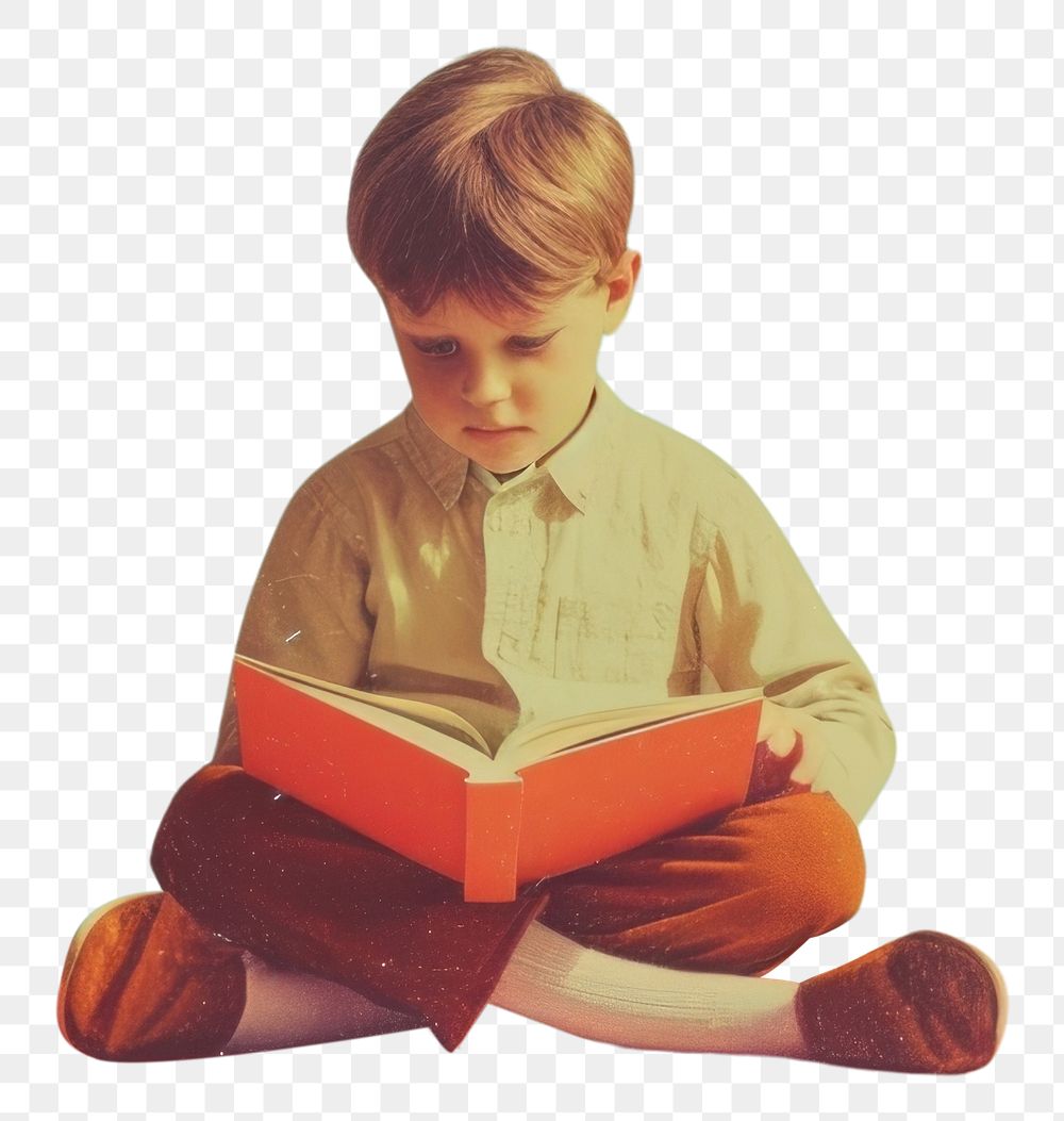 PNG Retro collage of a young boy reading person human