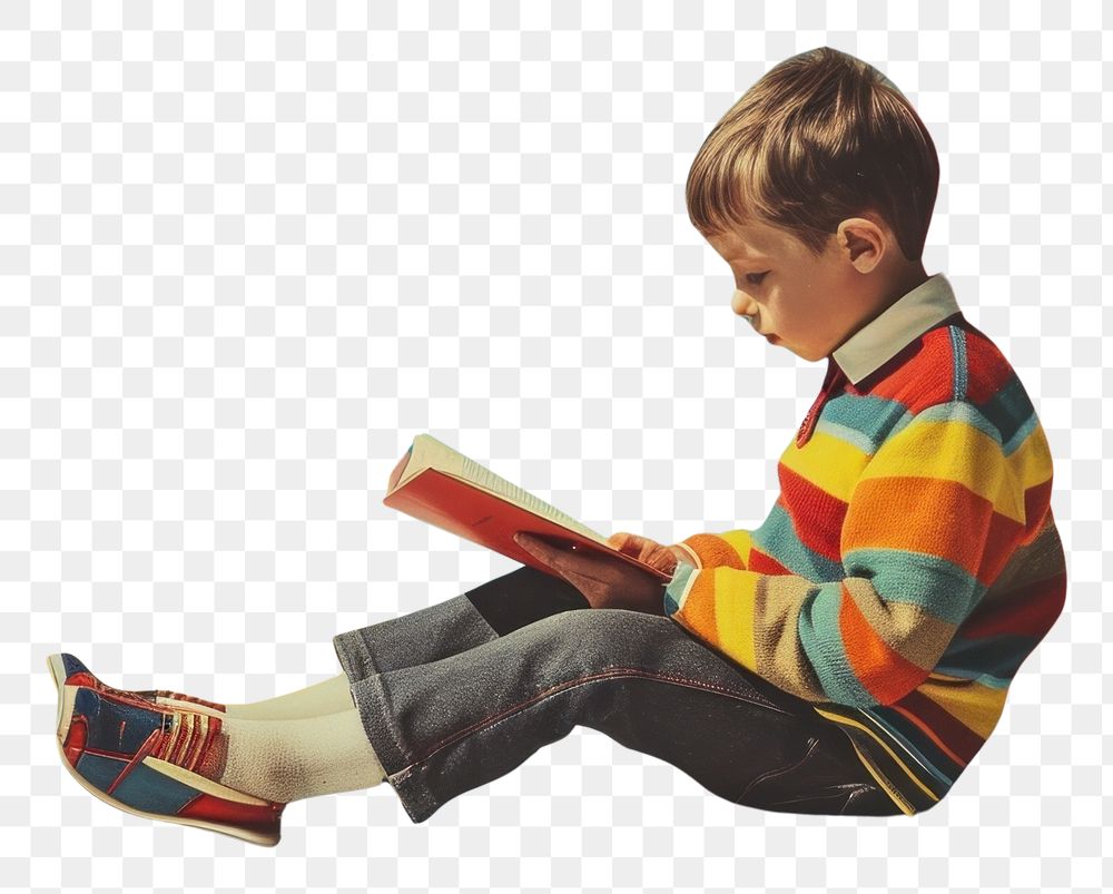 PNG Retro collage of a young boy sitting reading photography clothing.