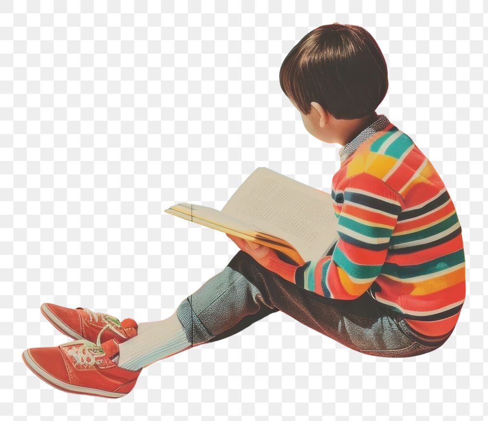 PNG Retro collage of a young boy sitting reading clothing footwear.