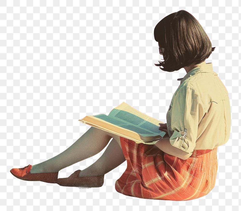 PNG Retro collage of a young girl sitting reading advertisement painting