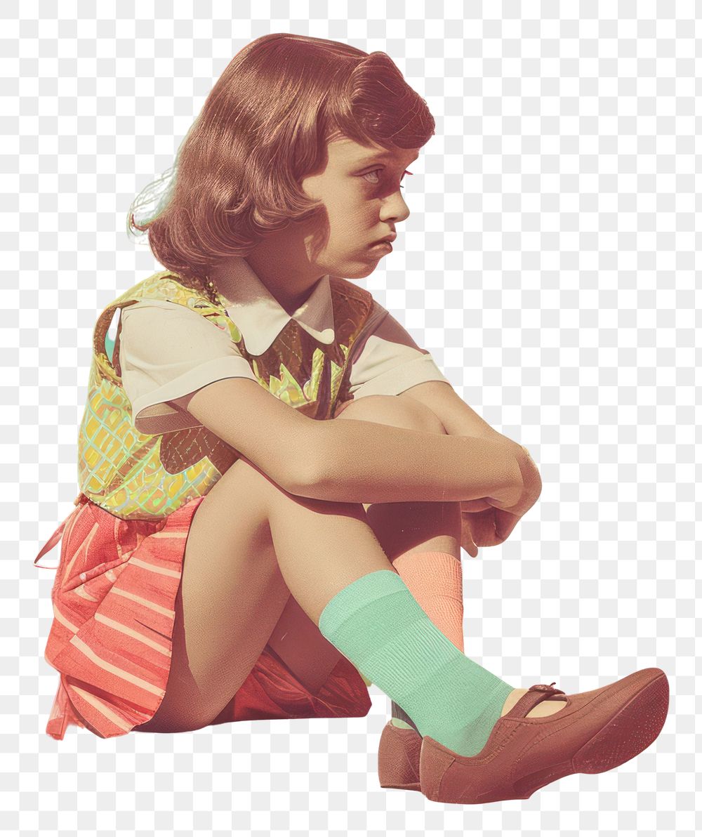 PNG Retro collage of a young girl sitting on the floor photography portrait person.