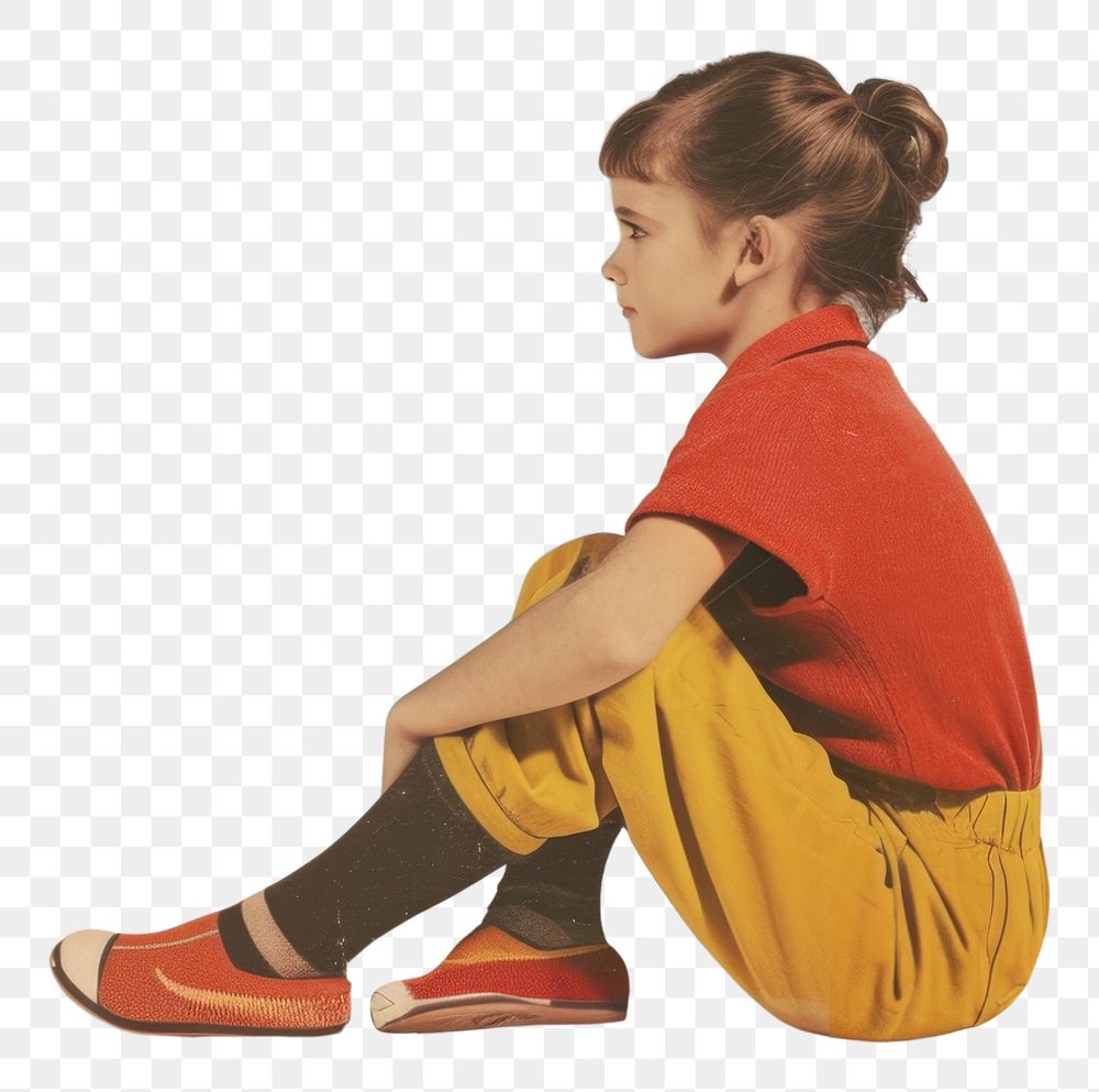 PNG Retro collage of a young girl sitting on the floor photography clothing footwear.
