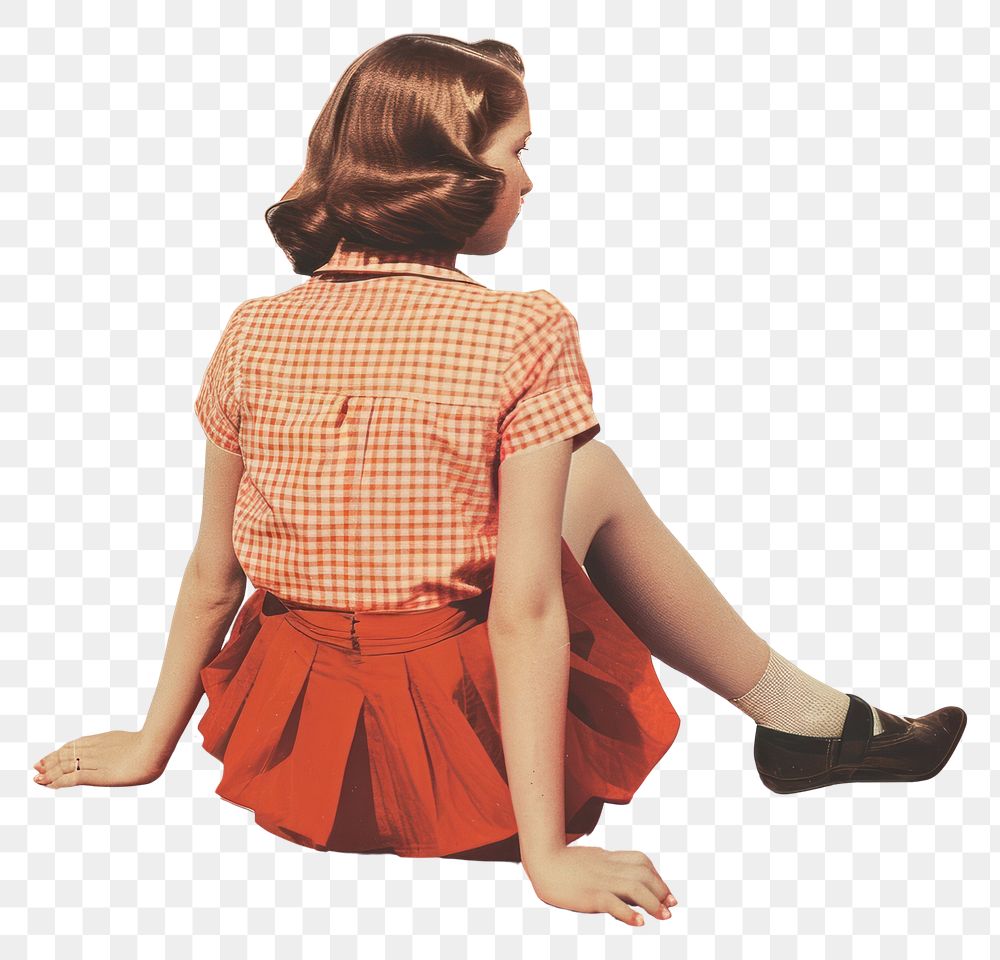 PNG Retro collage of a young girl sitting on the floor clothing footwear apparel