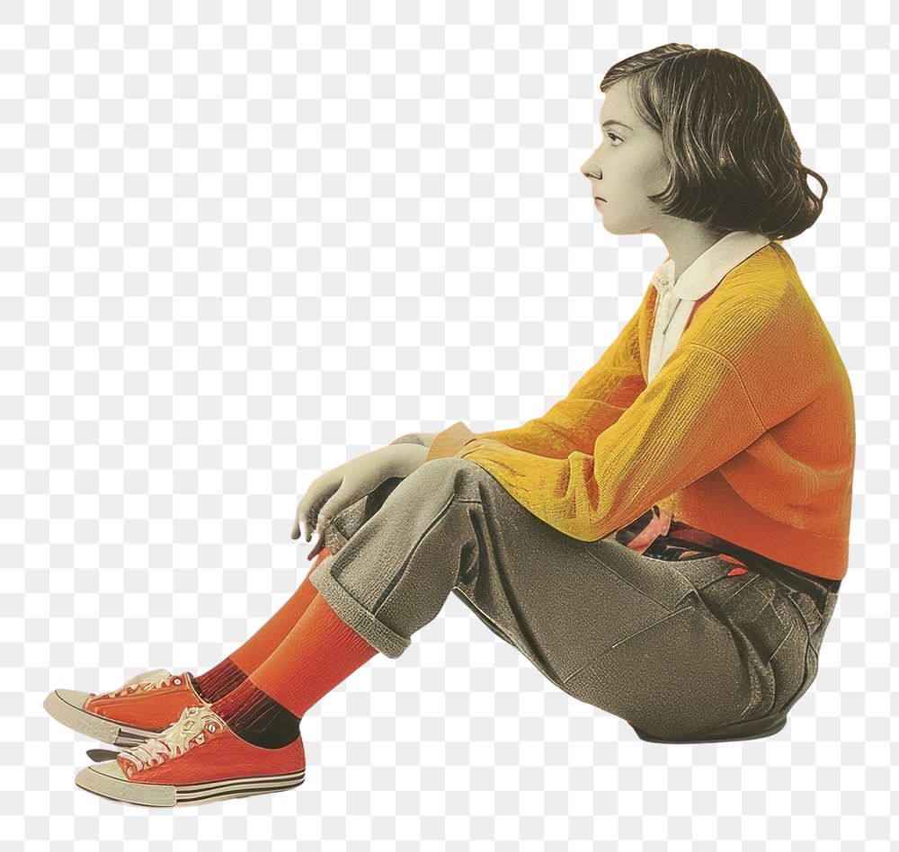 PNG Retro collage of a young girl sitting on the floor photography clothing footwear.