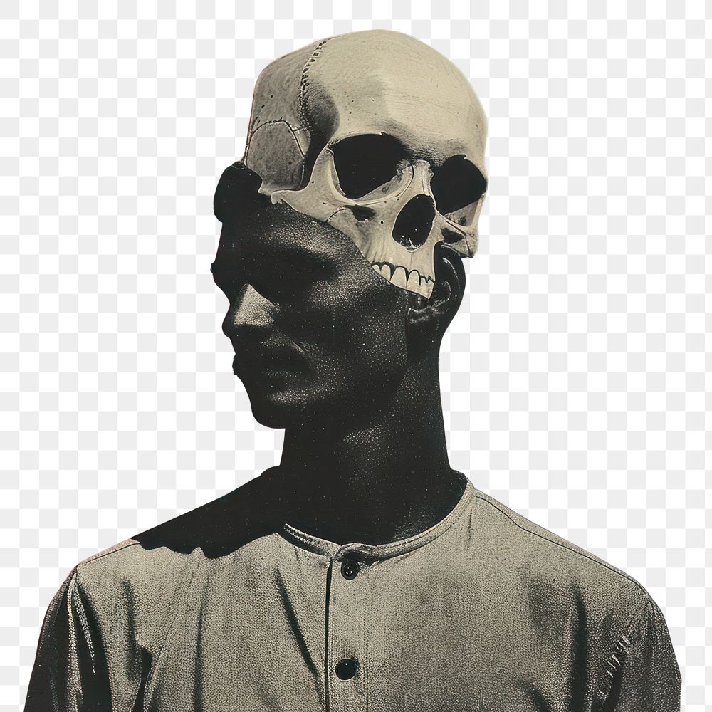 PNG A man with a skull on his head collage photo advertisement.