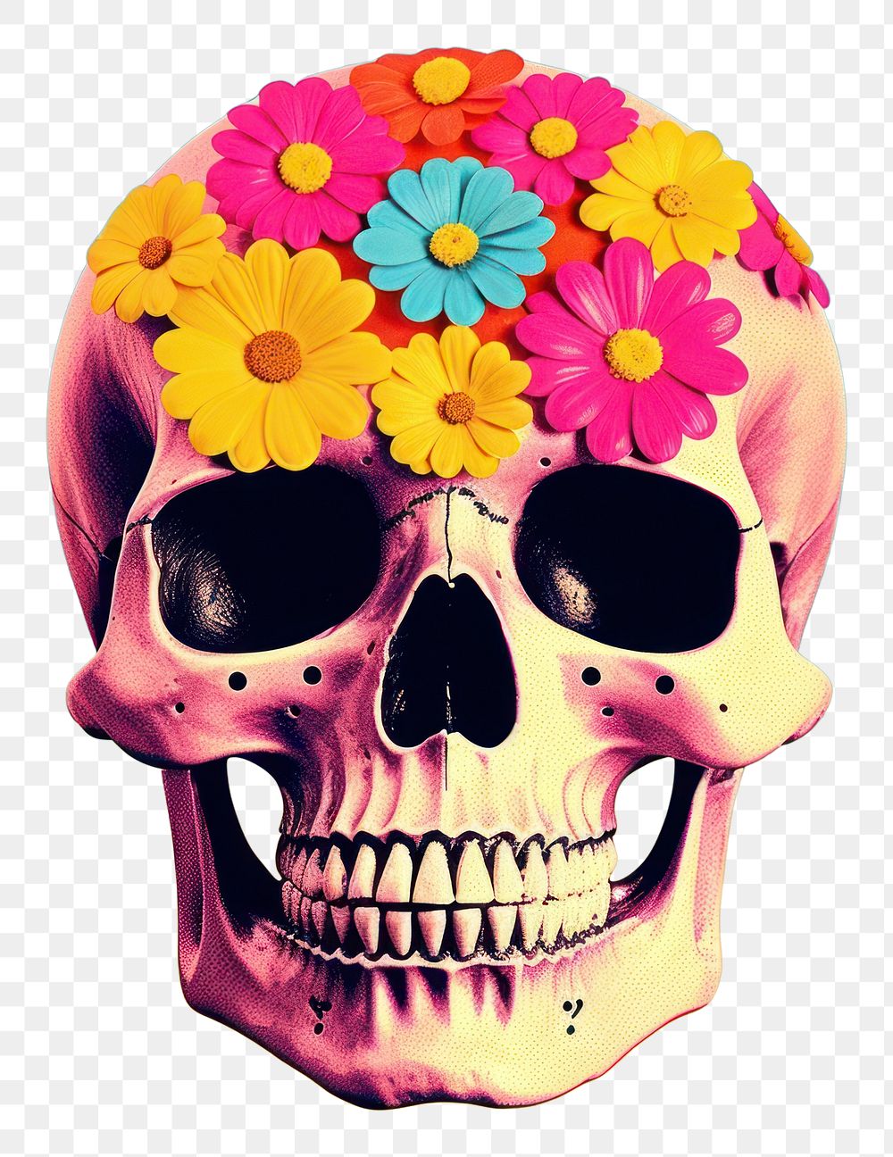 PNG Retro collage of skull flower plant art.