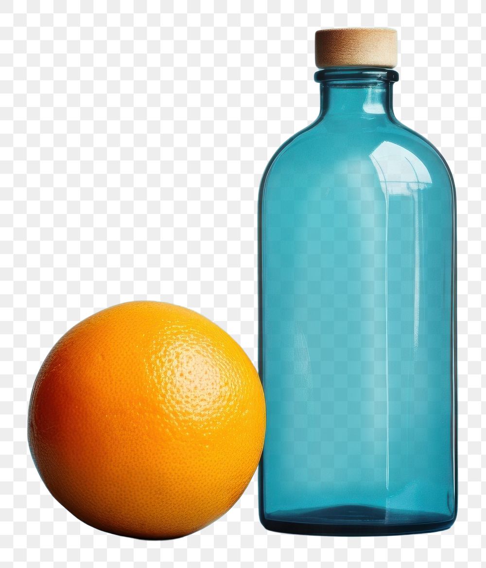 PNG  A blue bottle sitting on top of a table next to oranges grapefruit glass plant. AI generated Image by rawpixel.