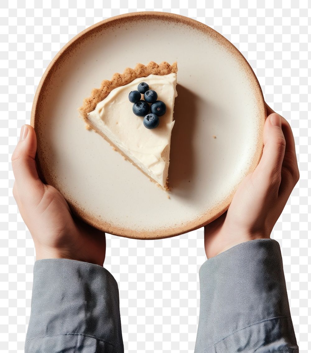 PNG A person holding piece of blueberry pie on plate cheesecake dessert food.