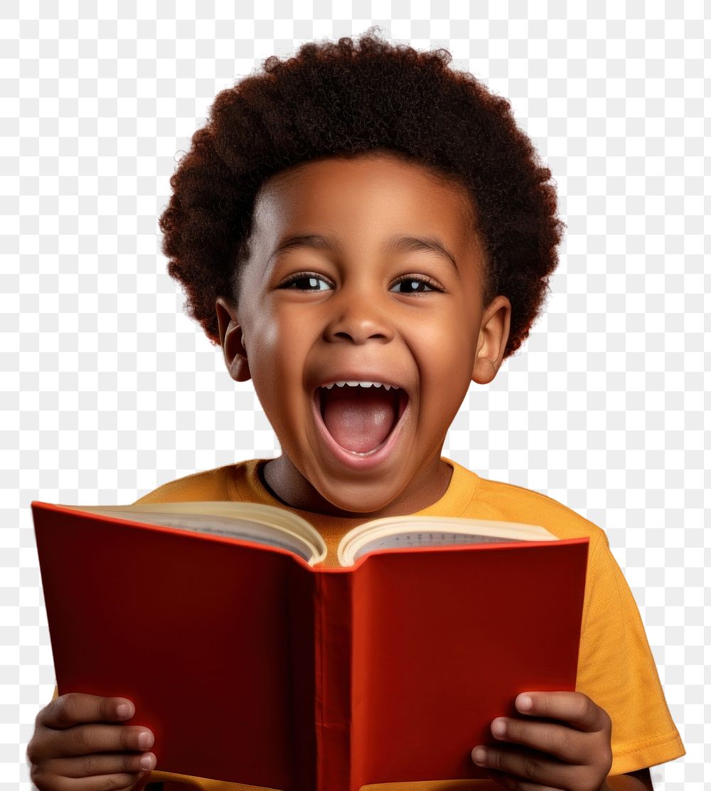PNG  African kid happy face reading a book publication child intelligence.