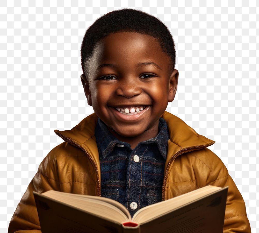 PNG  African kid happy face reading a book publication portrait child.