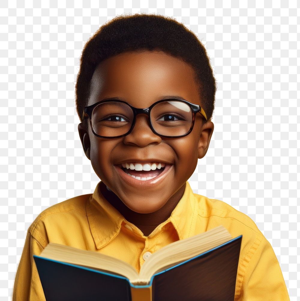 PNG  African kid happy face reading a book portrait glasses smile.