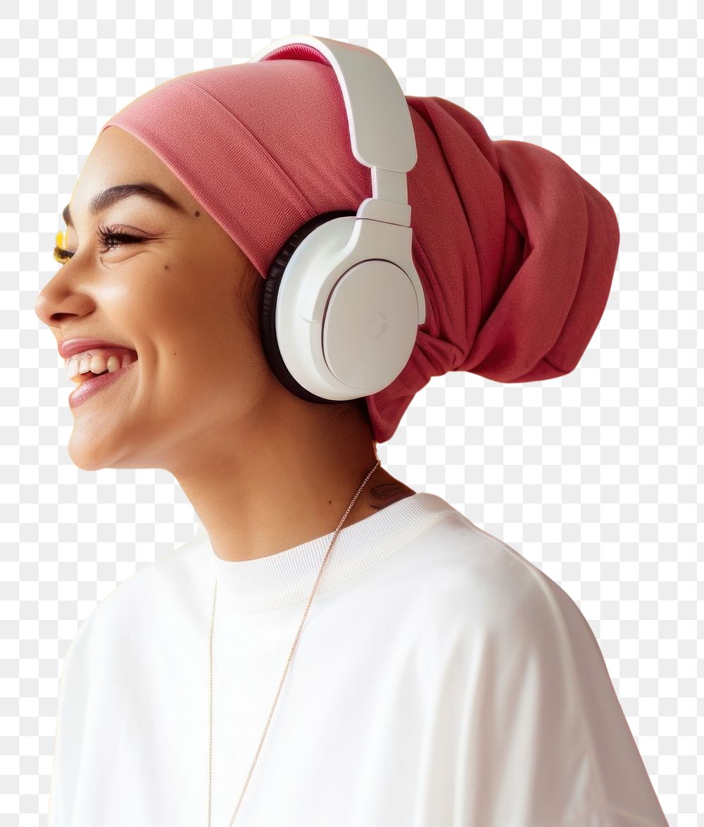 PNG A woman wearing white cap headphones headset adult.