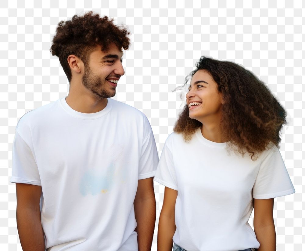 PNG Friends wearing white t-shirt laughing adult fun.