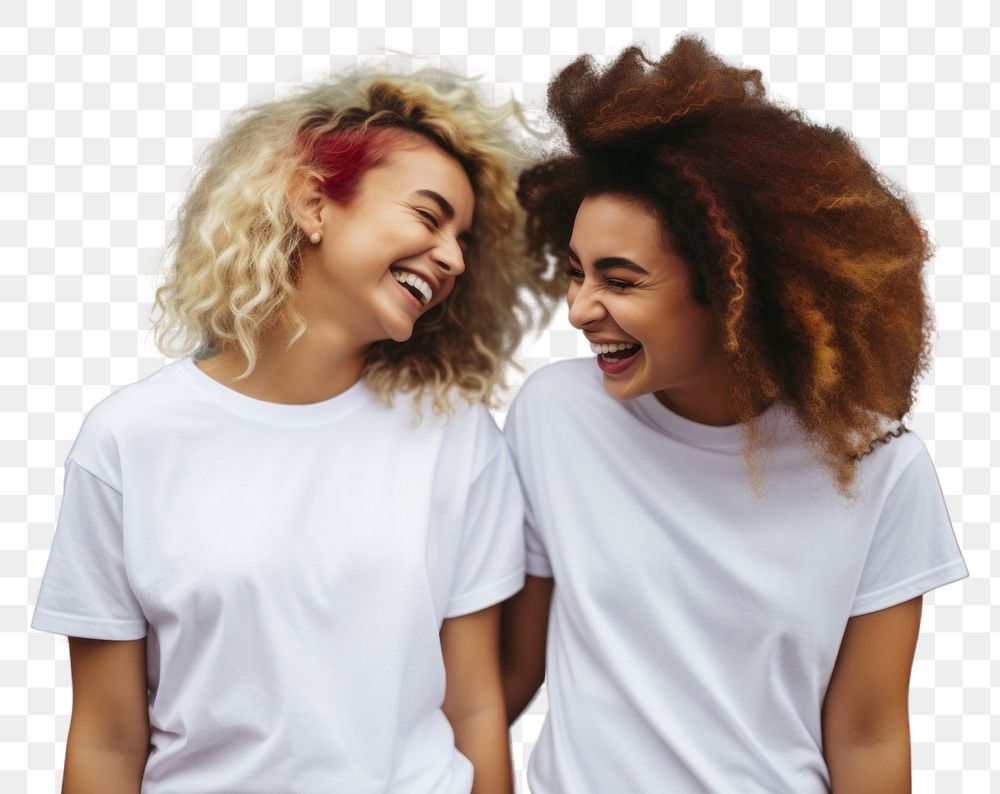 PNG Friends wearing white t-shirt laughing adult fun.