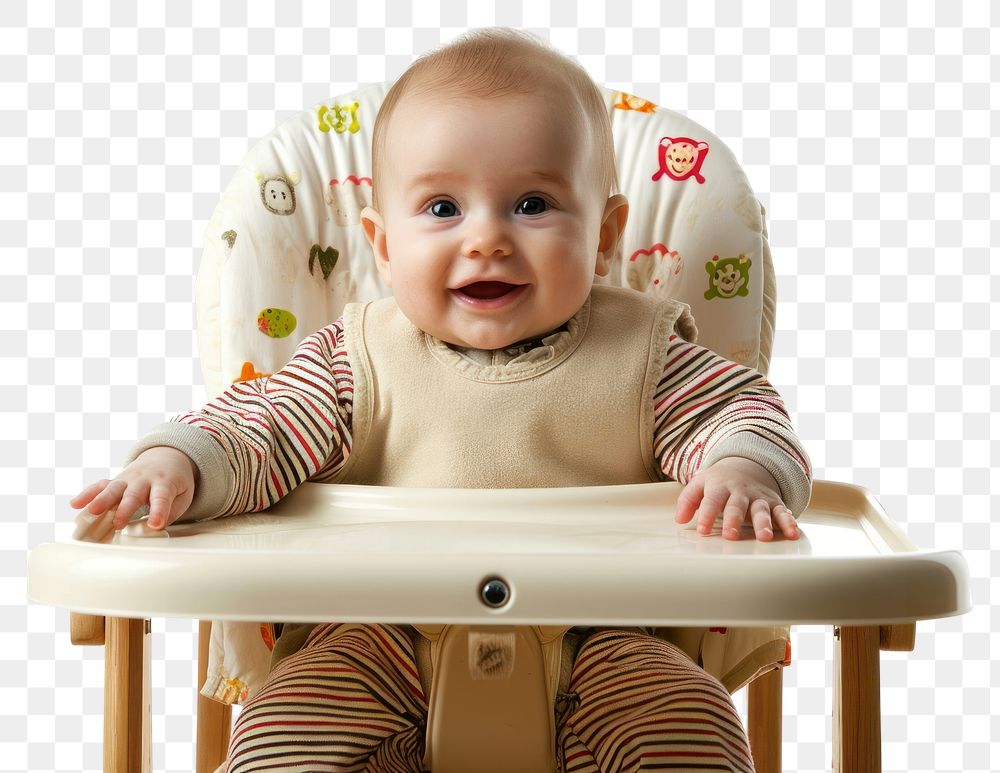 PNG  A baby sitting in a high chair with a happy face portrait furniture photo. AI generated Image by rawpixel.