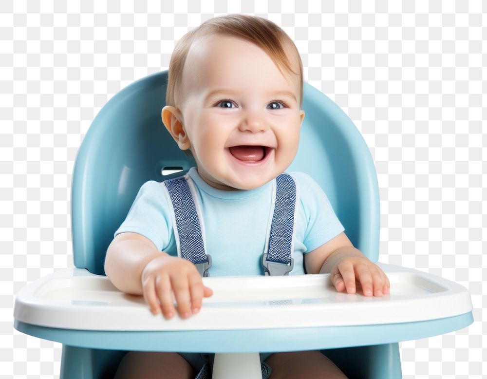 PNG  A baby sitting in a high chair with a happy face furniture portrait innocence. AI generated Image by rawpixel.