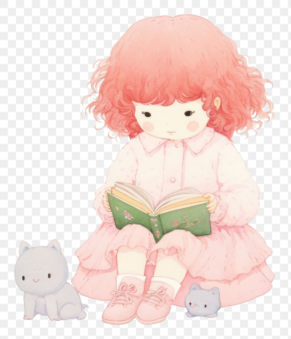PNG A girl sitting to read a boo doll toy white background. AI generated Image by rawpixel.